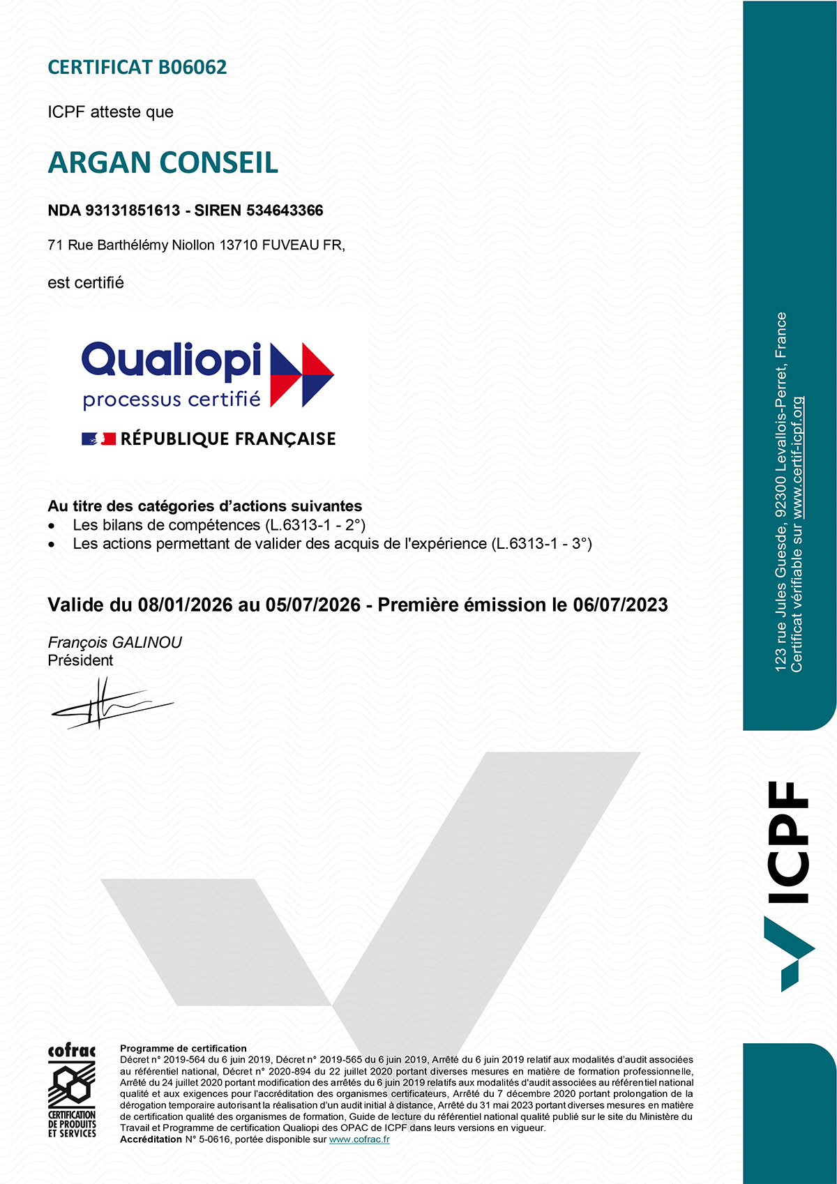 Argan Conseil — Certificat Qualiopi 2026