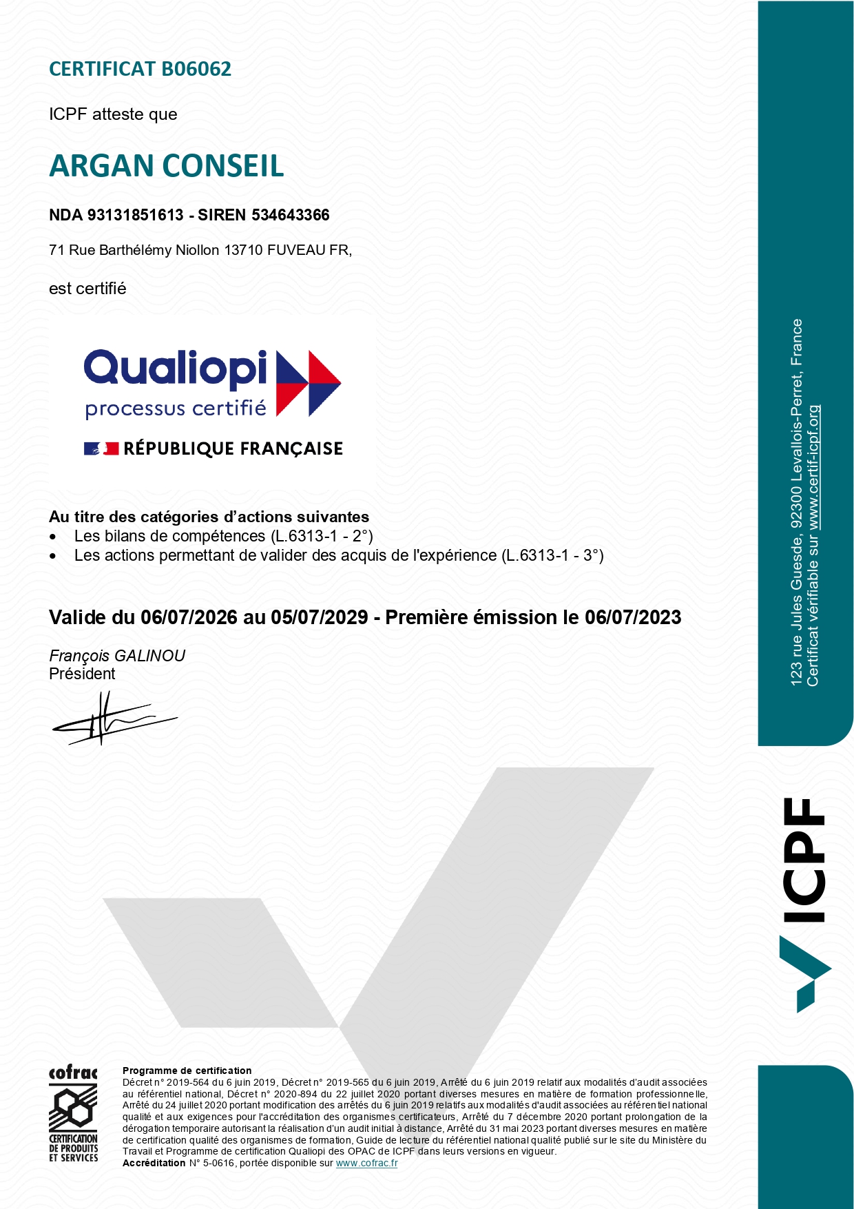 Argan Conseil - Certificat 2026/2029